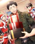  akuno_hideo blush brown_hair closed_eyes confetti food frame_(idolmaster) gift grin hat idolmaster idolmaster_side-m jacket kimura_ryuu male_focus md5_mismatch military military_uniform multiple_boys open_clothes open_jacket party_popper red_eyes santa_costume santa_hat sharp_teeth shingen_seiji shiron_(shiro_n) smile table teeth uniform 