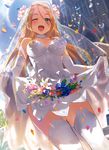  ;d animal_band_legwear bangs bare_shoulders blonde_hair blue_eyes blush breasts bridal_veil cat_band_legwear choker dengeki_moeou dress dress_lift elbow_gloves flower gloves hair_between_eyes hair_over_breasts highres long_hair medium_breasts one_eye_closed open_mouth outdoors parted_bangs petals shirabi skirt_basket smile solo strapless strapless_dress thighhighs thighs veil wedding_dress white_dress white_gloves white_legwear 