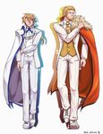  2boys alternate_costume alternate_hairstyle arc_system_works artist_request blonde_hair blue_eyes cape eyes_closed facial_hair formal guilty_gear guilty_gear_xrd ky_kiske leo_whitefang long_hair low_ponytail multiple_boys ponytail ribbon shadow smile suit tuxedo 