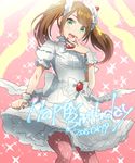  2015 bloomers brown_hair dated dress finger_to_mouth food fruit green_eyes idolmaster idolmaster_side-m kikuchi_mataha long_hair looking_at_viewer male_focus mizushima_saki nail_polish open_mouth otoko_no_ko petticoat red_nails scrunchie smile solo strawberry twintails underwear 