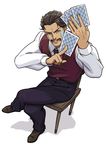  black_hair brown_eyes card chair crossed_legs daniel_d'arby facial_hair facial_mark from_above full_body highres jojo_no_kimyou_na_bouken male_focus mustache perspective playing_card saharada shadow sitting solo stardust_crusaders tattoo 