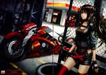  1girl artist_request black_hair date_a_live female fingerless gloves heterochromia highres jacket long_hair looking_at_viewer midriff motorcycle shorts solo thighhighs tokisaki_kurumi twintails 