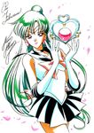  bishoujo_senshi_sailor_moon black_choker black_skirt bow brooch choker cowboy_shot earrings elbow_gloves gloves green_hair hair_bun jewelry lipstick long_hair looking_at_viewer magical_girl makeup marco_albiero marker_(medium) meiou_setsuna orange_bow petals pink_lipstick pleated_skirt red_eyes sailor_collar sailor_pluto sailor_senshi_uniform signature skirt smile solo tiara traditional_media white_background white_gloves 