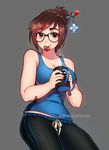  artist_name bandaid bandaid_on_arm black-framed_eyewear blackbamboo breasts brown_eyes brown_hair chocolate cleavage cowboy_shot cup eyebrows food food_in_mouth food_on_face glasses glint grey_background hair_bun hair_ornament hair_stick holding holding_cup large_breasts looking_at_viewer mei_(overwatch) mouth_hold mug overwatch pants short_hair simple_background smile solo sweatpants tank_top thick_eyebrows watermark 