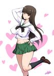  alternate_costume arm_behind_head bangs black_legwear blunt_bangs breasts brown_hair covered_nipples crop_top girls_und_panzer hand_on_hip heart joy_ride kneehighs large_breasts leg_up loafers long_hair looking_at_viewer midriff miniskirt navel nishizumi_shiho pleated_skirt school_uniform serafuku shoes skirt sleeves_past_wrists smile solo straight_hair undersized_clothes 