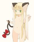  :&lt; animal_ears blonde_hair bow breasts cat_ears cat_tail eyebrows eyebrows_visible_through_hair green_eyes holding holding_hair holding_tail ikasuke long_hair looking_at_viewer navel nipples nude original petite pussy slit_pupils small_breasts solo straight_hair tail tail_bow very_long_hair yellow_background 