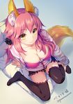  animal_ears black_legwear bra breasts cleavage collarbone fate/extra fate_(series) fox_ears fox_tail large_breasts looking_at_viewer looking_up pink_bra pink_hair sitting solo tail tamamo_(fate)_(all) tamamo_no_mae_(fate) thighhighs twitter_username underwear yellow_eyes youqiniang 