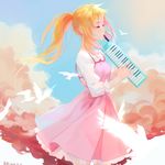  2015 a_mi_(milu904371339) absurdres alternate_hairstyle artist_name bird blonde_hair breasts closed_eyes cloud dated day dress from_side highres holding instrument keyboard_(instrument) long_hair melodica miyazono_kawori music number pink_dress playing_instrument ponytail profile shigatsu_wa_kimi_no_uso shirt sky small_breasts solo spaghetti_strap white_shirt wind 