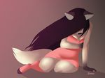  anthro black_hair breasts canine clothed clothing female hair looking_down mammal sertaa simple_background solo 
