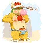  annoyed anthro balls barefoot barely_contained blush body_hair bowser bubble_gum chest_hair circumcised clothed clothing cursing dialogue english_text erection food front_view hollo_nut humanoid_penis koopa leaning leaning_back looking_away male mario_bros navel nintendo nipples overweight_male pecs penis pictographics pubes scalie shell-less solo speedo standing sweat swimsuit tenting text topless video_games visor 