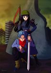  1girl ameneko animal animal_on_shoulder artist_name black_eyes black_gloves black_hair blue_eyes blue_hair boots building cat coat dirty dragon_ball dragon_ball_super gloves gun hand_on_hip hat jacket kneeling mai_(dragon_ball) neckerchief ruins sword tama_(dragon_ball) trunks_(dragon_ball) weapon 