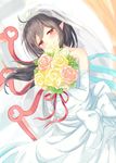  ahoge alternate_costume asymmetrical_wings bad_id bad_twitter_id bare_shoulders black_hair blush bouquet bridal_veil collarbone commentary_request dress dutch_angle elbow_gloves flower gloves half-closed_eyes heart houjuu_nue igakusei long_hair looking_at_viewer nue_day pointy_ears red_eyes red_ribbon ribbon smile solo strapless strapless_dress touhou veil wedding_dress white_dress white_gloves wings 