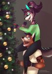  anthro canine christmas christmas_tree clothed clothing cute duo fangs female holidays inside male male/female mammal open_mouth sertaa smile standing teeth tongue tree 