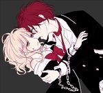  1boy 1girl blonde_hair blood blush bowtie chains collarbone diabolik_lovers dutch_angle eye_contact fangs flat_color grey_background half-closed_eyes handcuffs hetero incipient_kiss jacket kiri_(qoo) komori_yui looking_at_another loose_clothes necktie open_mouth petite pink_eyes profile red_hair sakamaki_ayato school_uniform simple_background skirt unbuttoned uniform vampire 