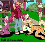  2014 2016 abs absurd_res anthro anthrofied applejack_(mlp) ball_gag barn big_macintosh_(mlp) bridle cheerilee_(mlp) clothing collar cutie_mark earth_pony english_text equine fall_of_equestria female fence friendship_is_magic gag group hi_res horse kneeling male mammal muscular my_little_pony nude outside pony poprocks pussy rose_(mlp) shackles slave text tree well wheat 