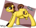  banana_stem biting_lip blush brown_hair bulge cum cum_inflation dickgirl disembodied_penis equine fur green_eyes hair holliday_(artist) horse inflation intersex male mammal my_little_pony penis simple_background spots yellow_fur 