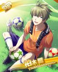  ball blush bottle card_(medium) card_parody character_name cleats from_above grass heian_jirou idolmaster idolmaster_side-m kashiwagi_tsubasa kneehighs looking_at_viewer male_focus soccer_ball soccer_uniform solo sportswear sweat towel towel_around_neck water_bottle 