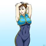  armpits arms_up artist_name bracelet brown_eyes brown_hair chinese_clothes chris_re5 chun-li covered_navel double_bun hair_ribbon highres jewelry lipstick makeup pink_lipstick ribbon signature solo street_fighter 