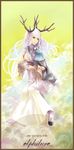  antlers cloud copyright_name dress highres long_hair original pixiv_genealogy_of_life rackety satyr sitting sitting_on_cloud smile solo white_dress white_hair yellow_eyes 