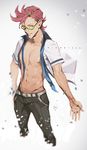  copyright_name ekao glasses hand_on_hip kiznaiver looking_at_viewer male_focus necktie open_clothes open_shirt red_hair scar school_uniform shirt solo tenga_hajime unbuttoned 