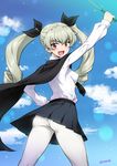  :d anchovy anzio_school_uniform arm_up artist_name ass bangs belt black_cape black_neckwear black_skirt blue_sky blush breasts brown_eyes cape cloud collared_shirt covered_nipples day drill_hair eyebrows eyebrows_visible_through_hair from_behind girls_und_panzer green_hair hair_between_eyes hair_ribbon hand_on_hip holding joy_ride legs_apart lens_flare long_hair long_sleeves looking_at_viewer miniskirt necktie open_mouth panties panties_under_pantyhose pantyhose pantylines pleated_skirt red_eyes ribbon school_uniform shirt signature skin_tight skirt sky small_breasts smile solo sparkle standing twin_drills twintails underwear upskirt white_legwear white_panties white_shirt 