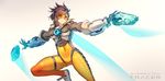  armor bodysuit brown_hair gloves goggles gradient gun navel overwatch short_hair tagme_(artist) tracer waifu2x weapon 