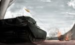  battle caterpillar_tracks centurion_(tank) cloud day explosion firing girls_und_panzer ground_vehicle jinguu_(4839ms) military military_vehicle motor_vehicle no_humans panzerkampfwagen_iv sky sparks tank tank_focus wall 