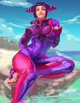  barefoot beach biting black_hair bodysuit breasts catsuit covered_nipples drill_hair fingerless_gloves gloves han_juri large_breasts lip_biting looking_at_viewer nail_polish naughty_face pink_nails purple_bodysuit purple_eyes sitting skin_tight solo street_fighter street_fighter_v theabsolutelimit toeless_legwear toenail_polish toes twin_drills unzipped watermark web_address 