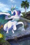  blue_sky claws cloud day dragon flower highres horns lake no_humans palm_tree pixiv_fantasia pixiv_fantasia_5 rackety reflecting_pool sky solo tail tree wings 