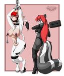  2016 anthro bdsm black_fur blindfold bondage bound bovine breasts cattle clothing collar duo female footwear fur gag hair high_heels hooves mammal nipples notorious84 nude open_mouth paddle pink_aerola red_hair ring_gag simple_background skunk smile spanking tagme white_fur 