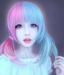  anzujaamu bangs blouse blue_eyes blue_hair blunt_bangs dark_background eyelashes glowing hair_tie hands heterochromia highres koarai light_particles lips lipstick low_twintails makeup mascara mouth multicolored_hair nose open_mouth original pale_skin photo-referenced pink_hair pink_lipstick portrait puffy_short_sleeves puffy_sleeves purple_eyes real_life short_sleeves simple_background smile solo sparkle teeth tongue twintails two-tone_hair upper_body white_blouse white_skin 