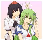  :o ;) \m/ alternate_costume ayano_(ayn398) black_hair blush breasts cleavage collarbone collared_shirt commentary_request frog_hair_ornament green_eyes green_hair hair_ornament hair_tubes hat kochiya_sanae long_hair looking_at_viewer looking_away medium_breasts motion_lines multiple_girls one_eye_closed parted_lips red_eyes school_uniform serafuku shameimaru_aya shirt short_hair short_sleeves smile tokin_hat touhou upper_body v-shaped_eyebrows white_shirt 
