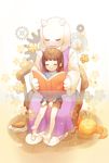 ^_^ androgynous bad_id bad_pixiv_id blue_shirt book brown_hair brown_shorts chair closed_eyes closed_mouth creature english fangs flower food frisk_(undertale) full_body gears goat_girl highres holding holding_book horns knitting_needle long_sleeves moffle_(ayabi) motherly needle open_book pie plate shirt shorts sitting sitting_on_lap sitting_on_person smile socks toriel undertale white_background white_legwear wooden_floor yarn yarn_ball 