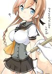  1girl absurdres admiral_(kantai_collection) between_breasts blue_eyes braid breasts brown_hair calligraphy_brush check_commentary commentary_request corset gloves hachimaki headband highres holding kantai_collection large_breasts long_hair miniskirt paintbrush pleated_skirt ryuki_(ryukisukune) school_uniform serafuku simple_background skirt smile teruzuki_(kantai_collection) translation_request twin_braids white_background white_gloves 