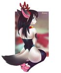  anthro butt canine clothing collar female kneeling legwear looking_at_viewer looking_back mammal sertaa solo thigh_highs tight_clothing 