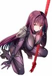  arm_at_side black_footwear bodysuit breasts closed_mouth fate/grand_order fate_(series) full_body gae_bolg hanging_breasts high_heels holding holding_weapon large_breasts long_hair ningen_(ningen96) one_knee polearm purple_bodysuit purple_hair red_eyes scathach_(fate)_(all) scathach_(fate/grand_order) shoes shoulder_pads simple_background smile solo spear unaligned_breasts very_long_hair weapon white_background 