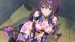 1girl aqua_eyes blush breasts character_request game_cg large_breasts purple_hair sakura_dungeon shiny_skin slime solo wanaca 