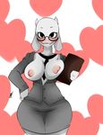  &lt;3 2016 anthro areola big_breasts blush boss_monster breasts caprine clothed clothing eyewear female fur glasses goat hi_res horn inuyuru looking_at_viewer mammal necktie nipples simple_background smile solo teacher toriel undertale video_games white_background white_fur 