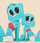  blue_fur breasts cartoon_network cat clothed clothing crop_top crossdressing duo feline female fur gumball_watterson looking_at_viewer male mammal midriff nicole_watterson shirt simple_background skimpy skirt smile the_amazing_world_of_gumball 