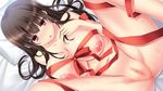  aldehyde blush breasts brown_hair censored game_cg hand_on_own_chest large_breasts long_hair looking_at_viewer lying mosaic_censoring naked_ribbon nama_love nipples on_back pillow pussy red_eyes ribbon solo spread_legs sweat toono_mafuyu very_long_hair 