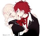  1boy 1girl blonde_hair blood blush bowtie closed_mouth curly_hair diabolik_lovers flat_color half-closed_eyes hand_on_another&#039;s_shoulder hetero hug jacket kiri_(qoo) komori_yui licking loose_clothes necktie one_eye_closed open_mouth petite profile red_hair sakamaki_ayato school_uniform simple_background tongue tongue_out twitter_username unbuttoned uniform upper_body vampire white_background 