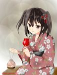  alternate_costume bangs blush brown_eyes brown_hair candy_apple commentary_request floral_print food hair_ornament japanese_clothes kantai_collection kimono obi pink_kimono sash sendai_(kantai_collection) short_hair simple_background sitting solo twitter_username two_side_up ynos yukata 