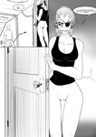  black_and_white blush bottomless breasts butt captainjingo cleavage clothed clothing dialogue doorway duo english_text eye_patch eyewear fish gills hair human mammal marine monochrome monster speech_bubble text undertale undyne video_games 