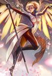  black_footwear blonde_hair blue_eyes bodysuit boots breasts brown_legwear full_body high_ponytail knee_boots large_breasts lips lipstick long_hair makeup mechanical_halo mechanical_wings mercy_(overwatch) outstretched_arms overwatch pantyhose petals solo staff wings yang_fan yellow_wings 