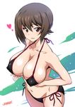  artist_name bangs bikini black_bikini blush breast_hold breasts brown_eyes brown_hair cleavage collarbone covered_nipples cowboy_shot eyebrows eyebrows_visible_through_hair fingernails from_above girls_und_panzer hair_between_eyes halterneck heart joy_ride large_breasts long_fingernails looking_at_viewer navel nishizumi_maho shiny shiny_skin short_hair side-tie_bikini sideboob signature skin_tight smile solo sparkle stomach string_bikini swimsuit white_background 