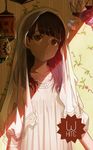  absurdres bangs black_nails brown_eyes brown_hair closed_mouth collarbone dress english frown head_tilt highres jewelry long_hair looking_at_viewer lu&quot; mimori_suzuko nail_polish necklace pearl_necklace real_life shade solo veil wallpaper_(object) wavy_hair white_dress 