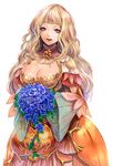  blonde_hair blue_eyes blue_flower blue_rose bouquet breasts cleavage detached_sleeves dress flower granado_espada head_tilt highres large_breasts long_hair long_sleeves looking_at_viewer mole mole_under_mouth parted_lips rose shino_(pixiv153833) short_sleeves solo transparent_background warlock_(granado_espada) wavy_hair wide_sleeves yellow_flower yellow_rose 