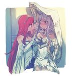  animal_ears bangs bare_shoulders blush breasts erune eyebrows eyebrows_visible_through_hair granblue_fantasy henriette_(shingeki_no_bahamut) korwa long_hair looking_at_another medium_breasts multiple_girls purple_eyes red_hair silver_hair smile sweatdrop takishima_asaka yuri 