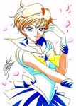  bishoujo_senshi_sailor_moon blonde_hair blue_eyes blue_sailor_collar blue_skirt bow brooch choker cowboy_shot crescent crescent_earrings earrings gloves jewelry looking_at_viewer magical_girl marco_albiero marker_(medium) petals pleated_skirt sailor_collar sailor_senshi_uniform sailor_uranus short_hair signature single_earring skirt smile solo ten'ou_haruka tiara traditional_media very_short_hair white_background white_gloves yellow_bow 