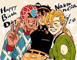  ahoge black_eyes black_hair blonde_hair brown_eyes carrying closed_eyes dated grin guido_mista happy_birthday hat highres jojo_no_kimyou_na_bouken male_focus multiple_boys narancia_ghirga necktie one_eye_closed pannacotta_fugo smile sparkle turtleneck v yuuha_(seba_aki-1123) 